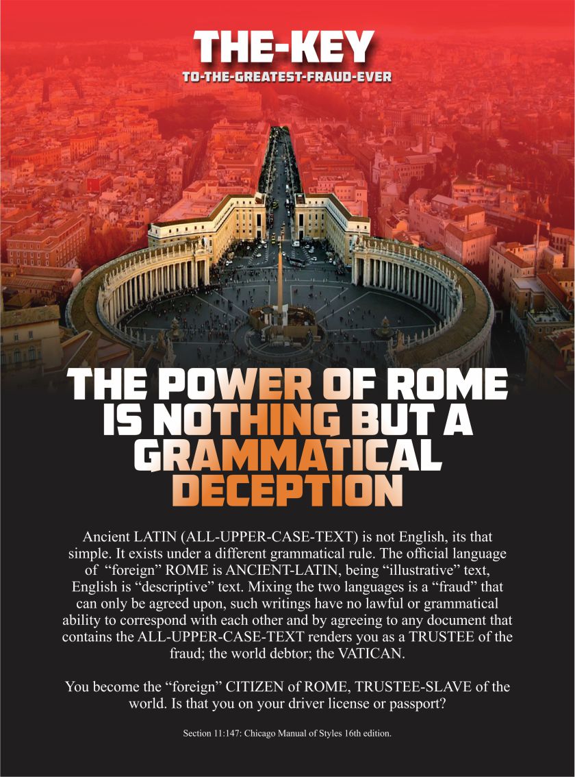 The power of Rome in relation to modern day governance, depends on the hidden grammatical rules of a foreign language usurped into the English language without the common man ever being aware of such a deceit.