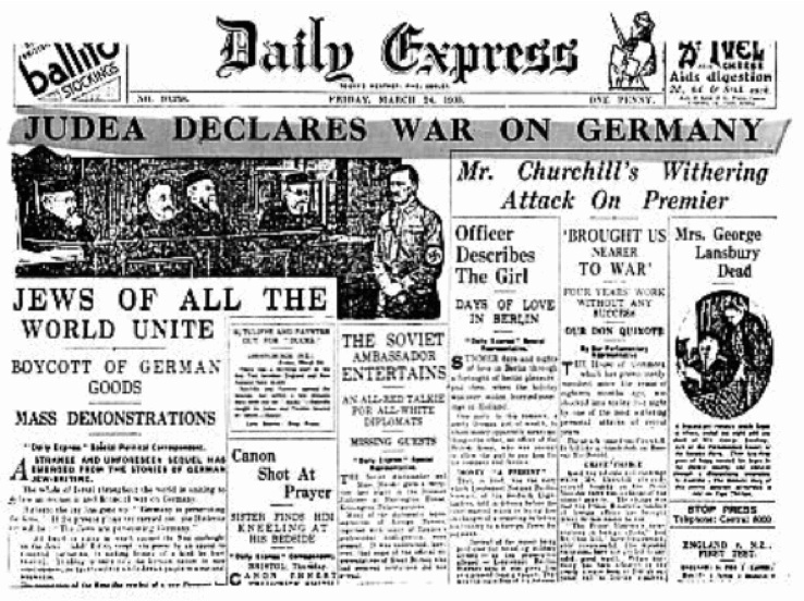 Avisa Daily Express: "Det internasjonale jøderi" (sionistene) erklærer krig mot Tyskland i 1933